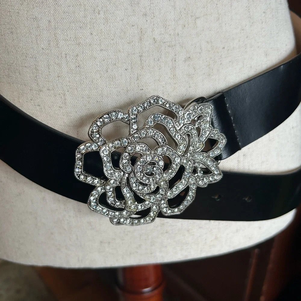 Vintage Rhinestone Rose Black Leather Belt